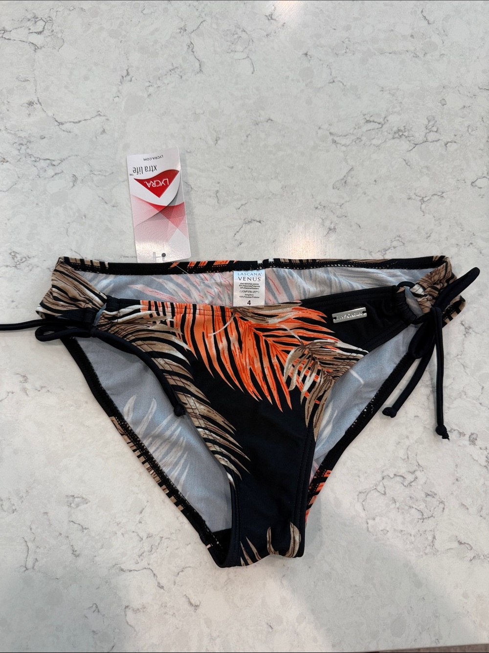 VENUS Black Bikini Bottom with Orange and Tan Tropical Print